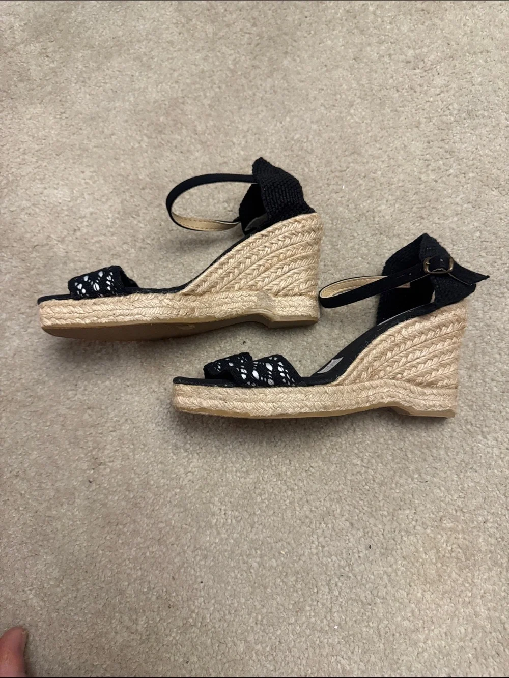 Black Lace Wedge Sandals with Ankle Strap
